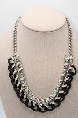 Modern Rhinestone Leather Wrapped Chain Necklace Black Silver 22 Inch